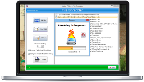 Screenshot of SSuite Office File Shredder.Do you have the need to destroy and shred your most secretive, sensitive, or private files without a trace? Now you have the opportunity to erase and clean your files from your hard drive, usb memory card, or any other memory device without being able to bring them back to life ever again. This application takes your files and overwrites them with random data at least 35 times by default, before being deleted, to make sure they never see the light of day.Now you have the opportunity to erase and clean your files from your hard drive, usb memory card, or any other memory device without being able to bring them back to life ever again. This application takes your files and overwrites them with random data at least 35 times by default, before being deleted, to make sure they never see the light of day. It also has a paranoia setting to increase the number of times random data is written over your files data space. Just remember that the higher this value is and the larger your files are, the longer it will take your system to completely shred it out of existence. So go ahead and get complete security in knowing that your files will be completely and absolutely shredded and cleaned from your system or hard drive. This distribution also includes our other security app called Picsel Security for complete peace of mind.Free SSuite Office Software and Suites. It also has a paranoia setting to increase the number of times random data is written over your files data space. Just remember that the higher this value is and the larger your files are, the longer it will take your system to completely shred it out of existence. So go ahead and get complete security in knowing that your files will be completely and absolutely shredded and cleaned from your system or hard drive. This distribution also includes our other security app called Picsel Security for complete peace of mind. Updated for the latest Dekstop, Laptop, and Surface Pro tablets.