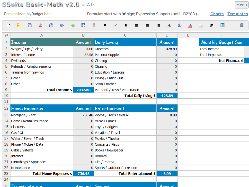 SSuite Basic-Math Spreadsheet screenshot